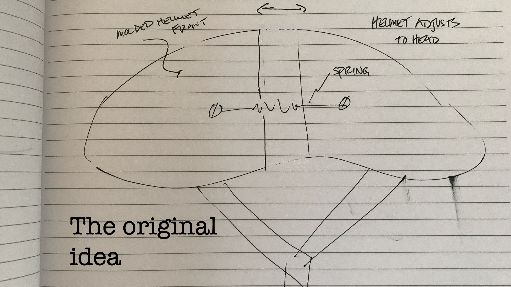 CEO's original helmet concept sketch showing helmet cut in half with springs